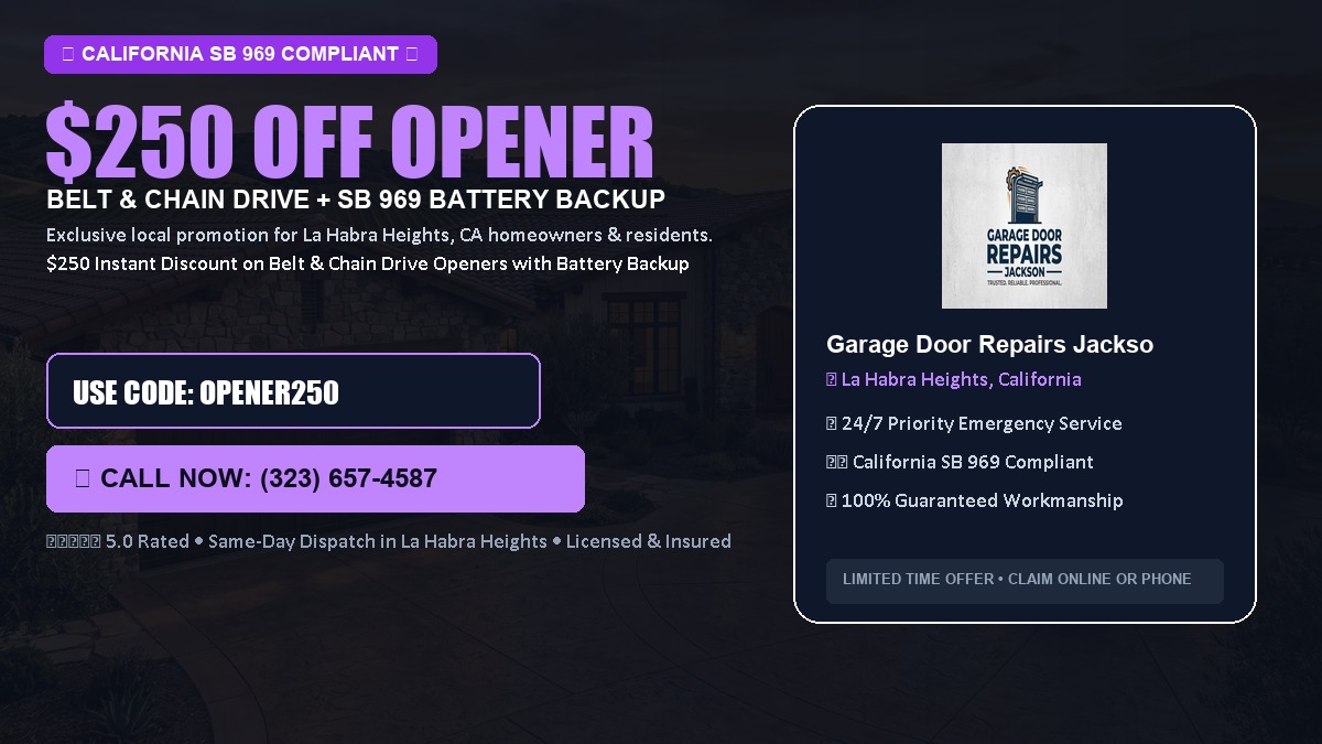$250 OFF Smart Garage Door Opener Installation (Belt & Chain Drive with California SB 969 Battery Backup) in La Habra Heights, CA